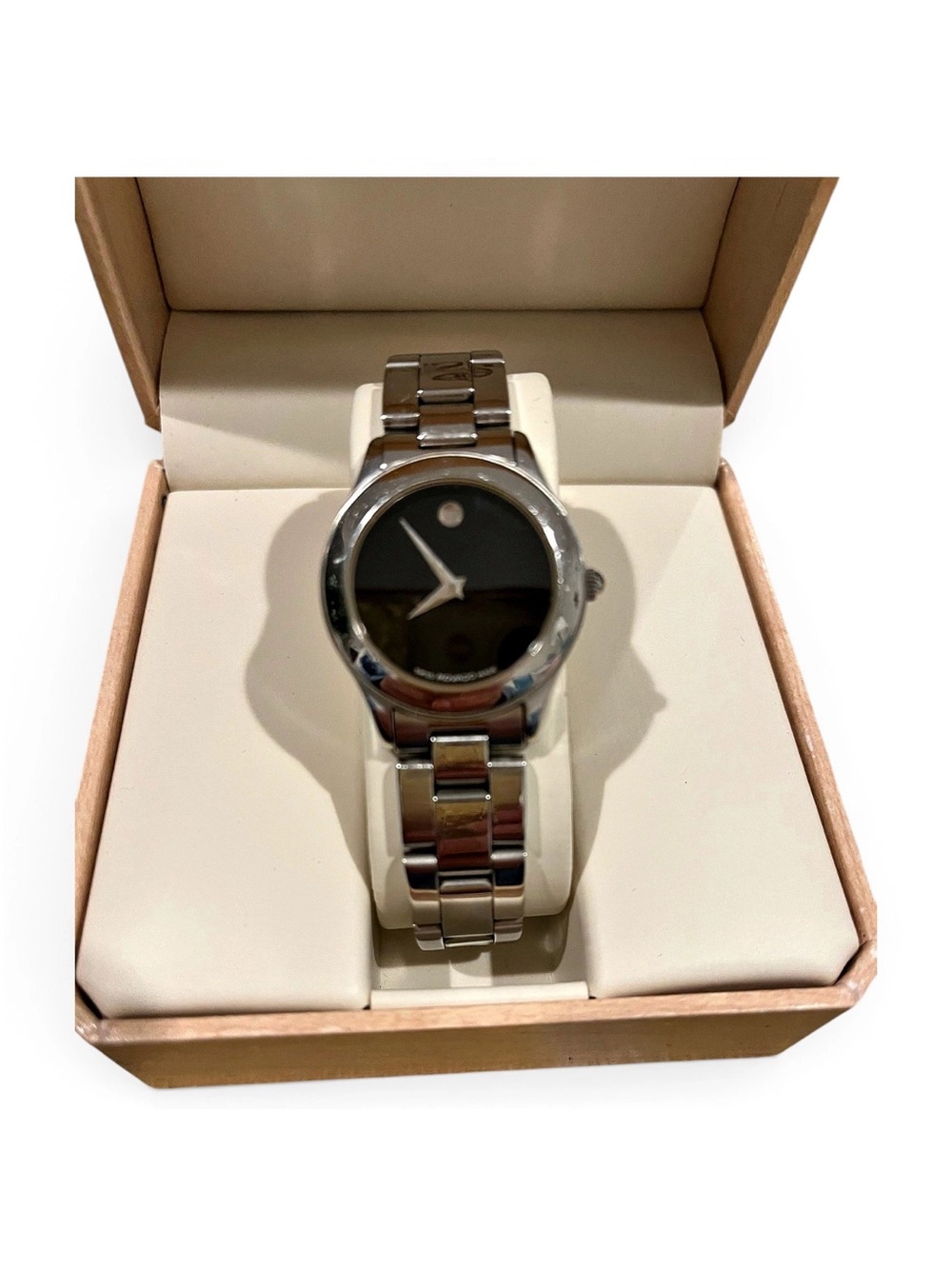 Movado Silver Bracelet Watch with Black Dial